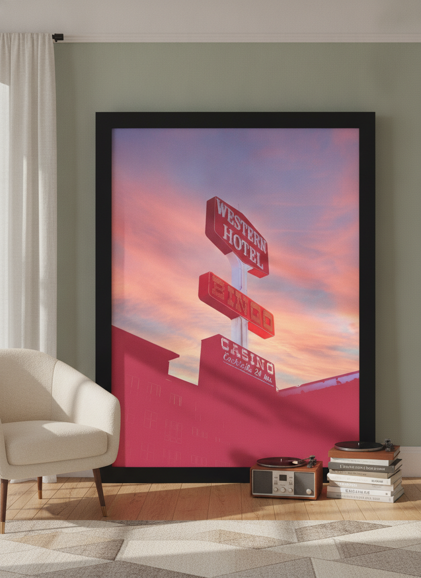 Oversized statement modern wall art print leaning against the wall in a mid-century living room