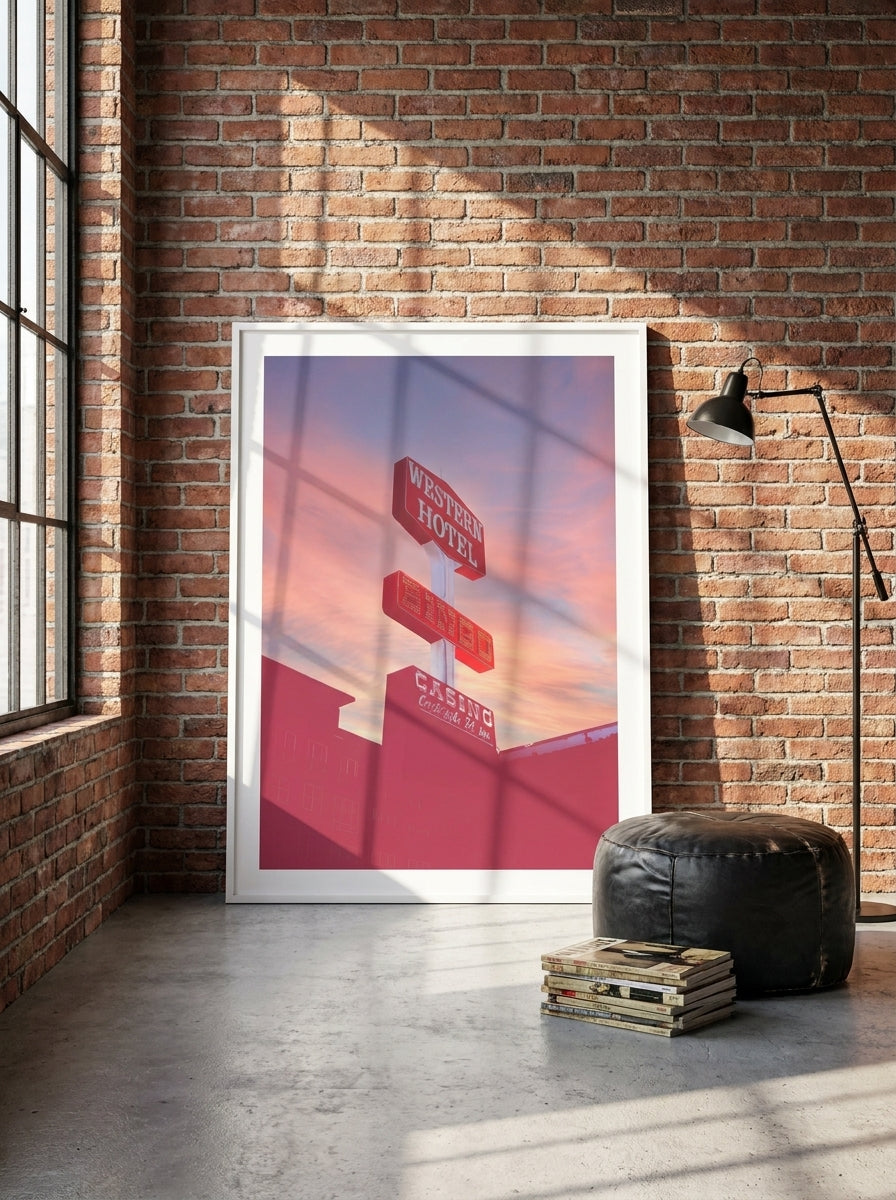 Oversized statement modern wall art print leaning against the wall in an industrial loft living room