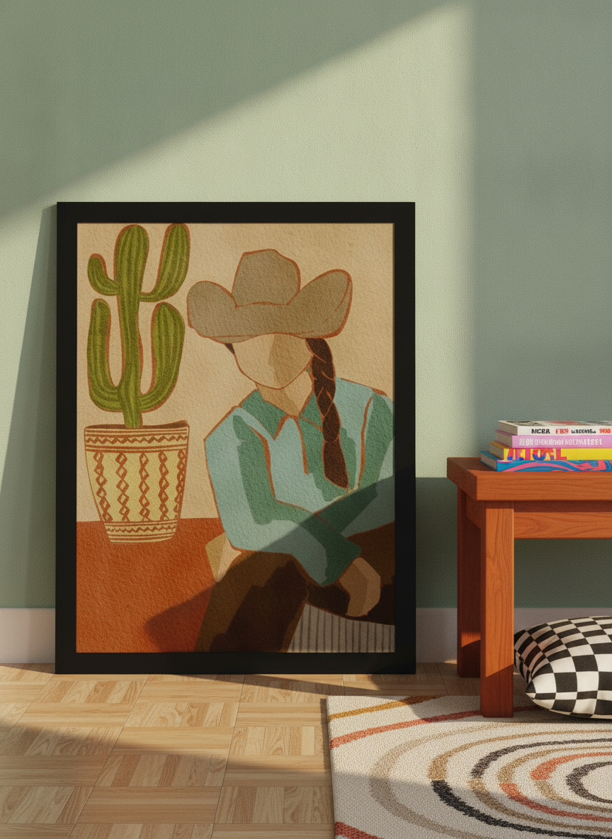 Modern wall art print leaning against the wall in a colourful eclectic dining room