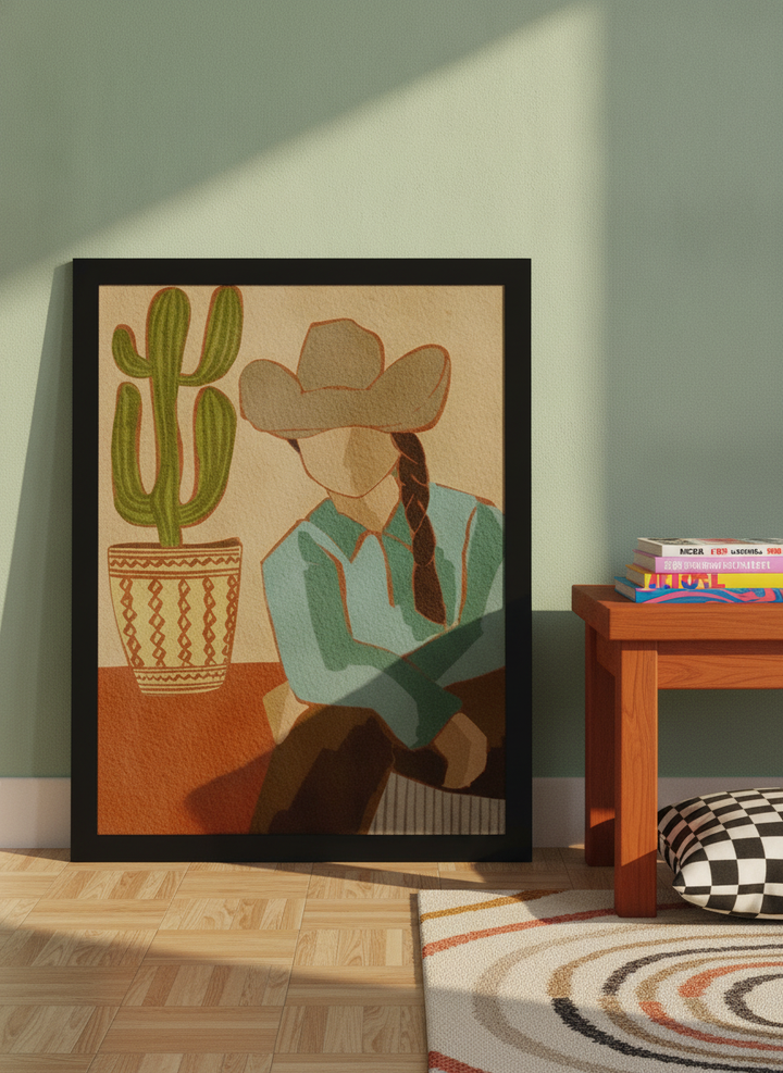 Modern wall art print leaning against the wall in a colourful eclectic dining room