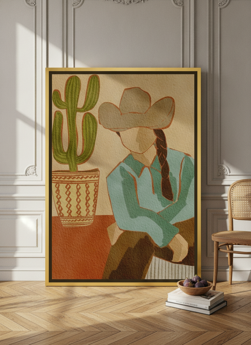 Oversized statement canvas wall art with a gold leaf surround leaning against the wall in a Parisian living room