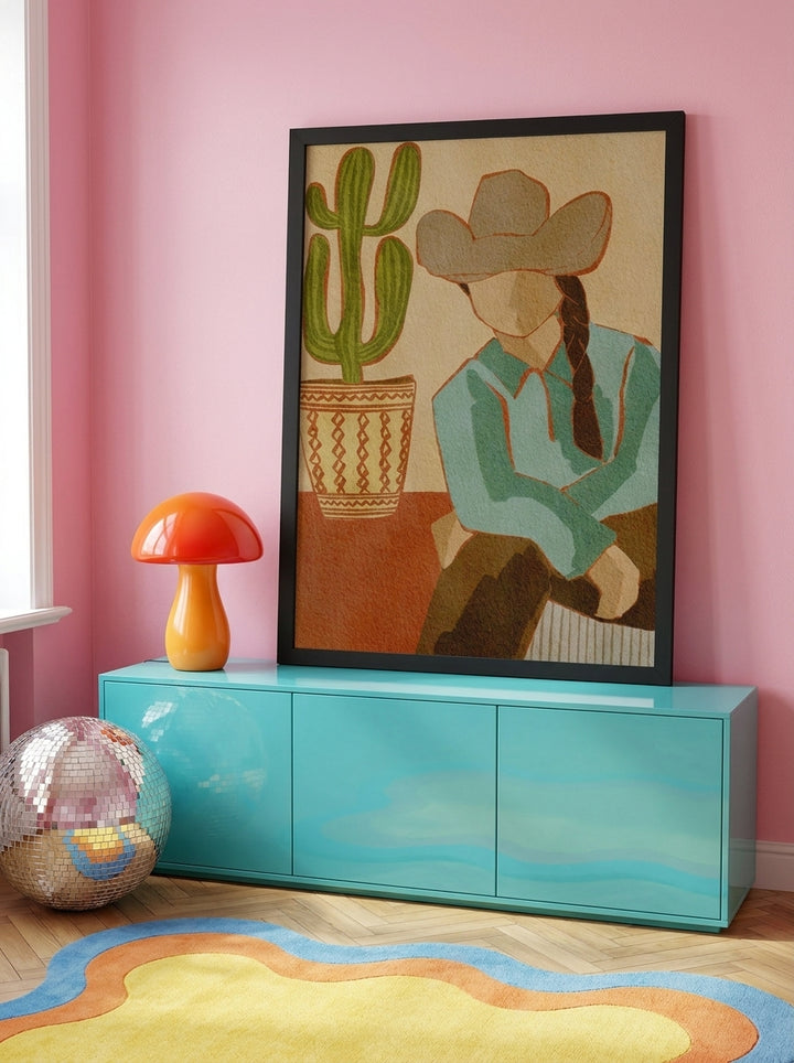 Modern wall art print standing on a sideboard in a colourful eclectic bedroom