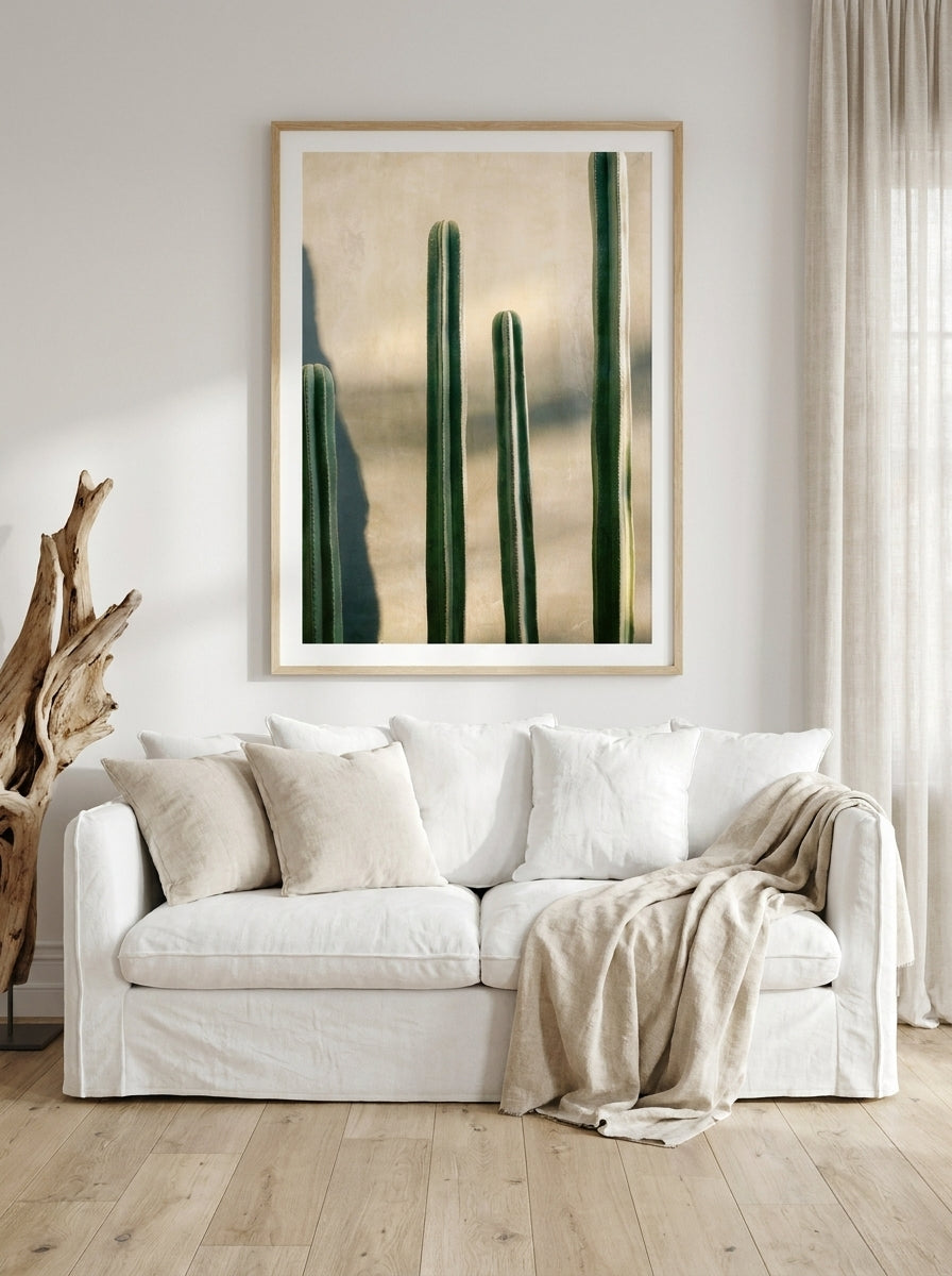 Modern wall art print styled on the wall in a coastal living room