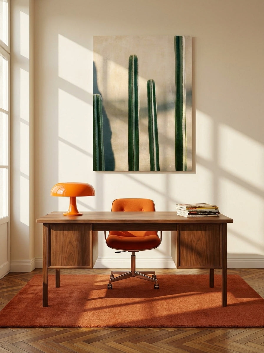 Stretched canvas wall art styled on the wall in a retro 70s home office