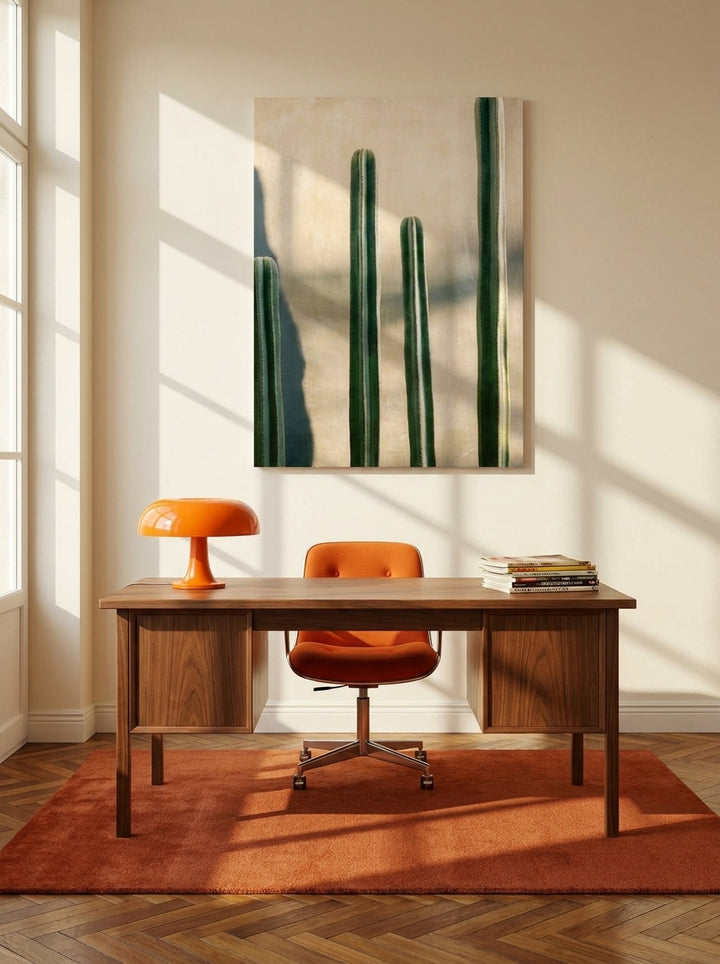 Stretched canvas wall art styled on the wall in a retro 70s home office