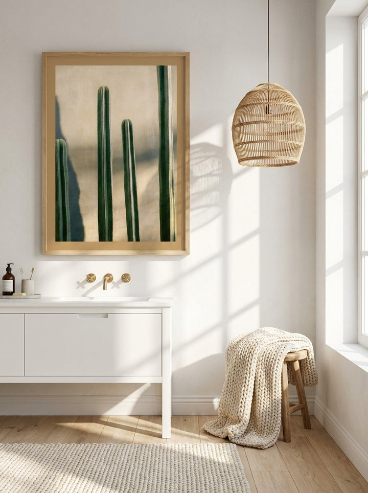 Modern wall art print styled on the wall in a bright Scandinavian bathroom