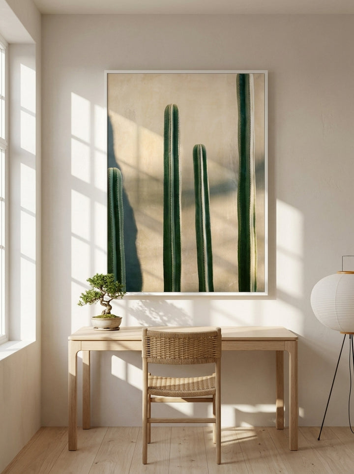 Modern wall art print styled on the wall in a warm Japandi home office