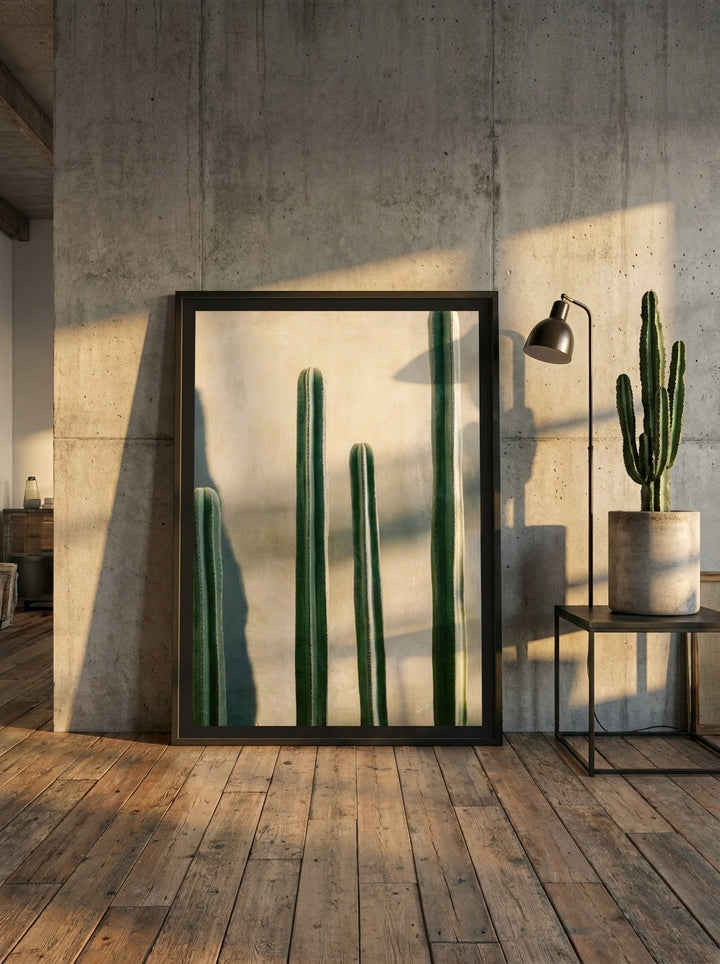 Oversized statement modern wall art print leaning against the wall in an industrial loft living room