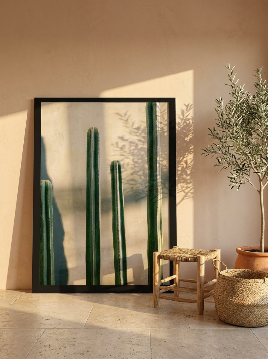 Oversized statement modern wall art print leaning against the wall in a Mediterranean bedroom
