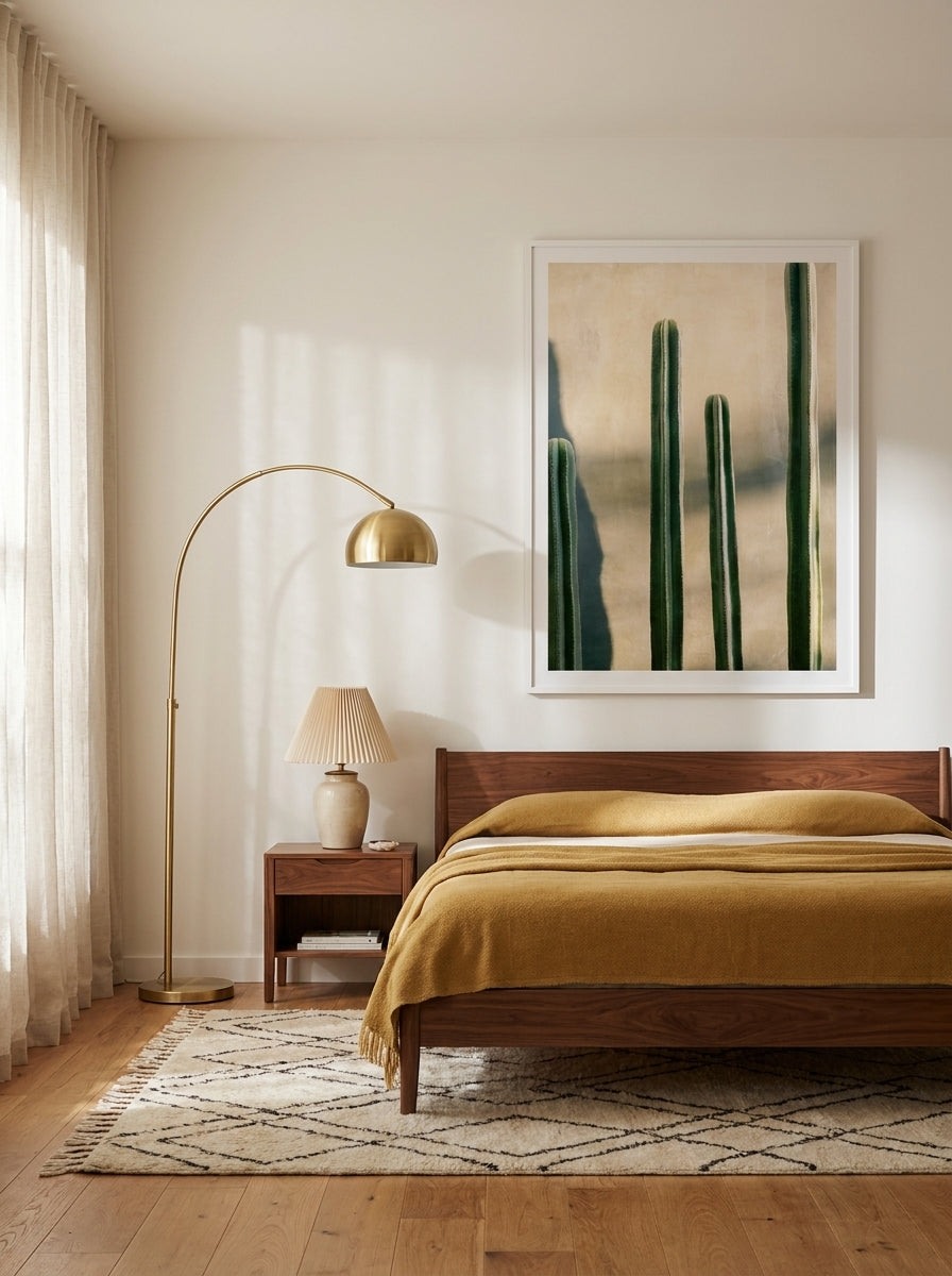 Modern wall art print styled on the wall in a mid-century bedroom