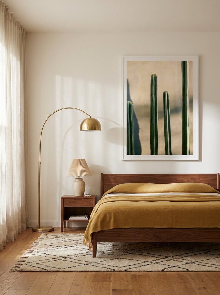 Modern wall art print styled on the wall in a mid-century bedroom