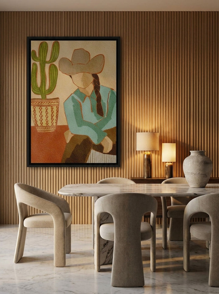 Oversized statement canvas wall art with a black surround styled on the wall in a luxe dining room