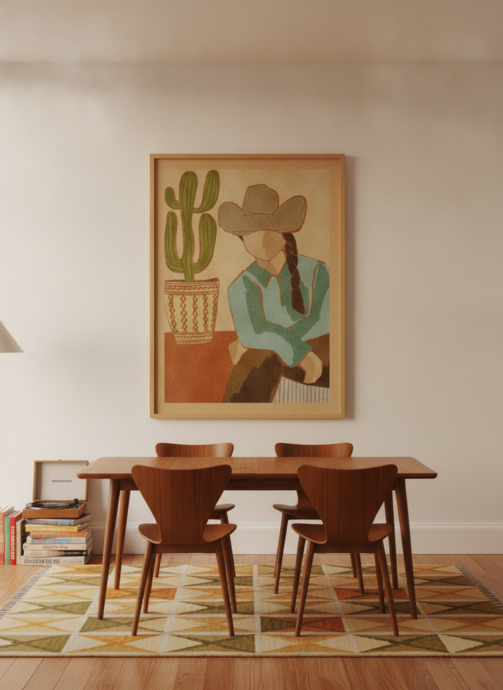 Oversized statement modern wall art print styled on the wall in a mid-century dining room