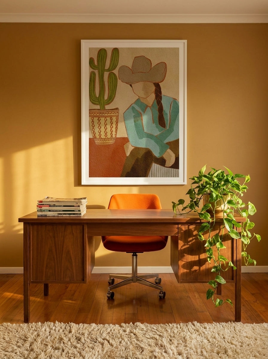 Modern wall art print styled on the wall in a retro 70s home office