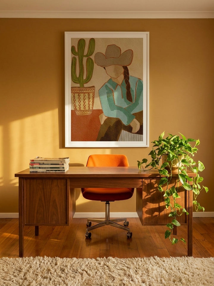 Modern wall art print styled on the wall in a retro 70s home office