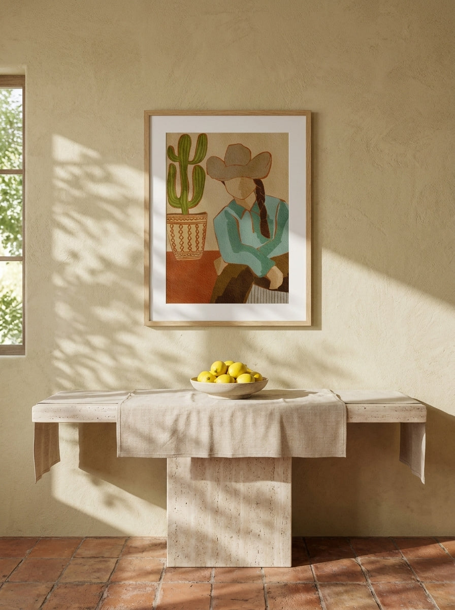 Modern wall art print styled on the wall in a Mediterranean living room