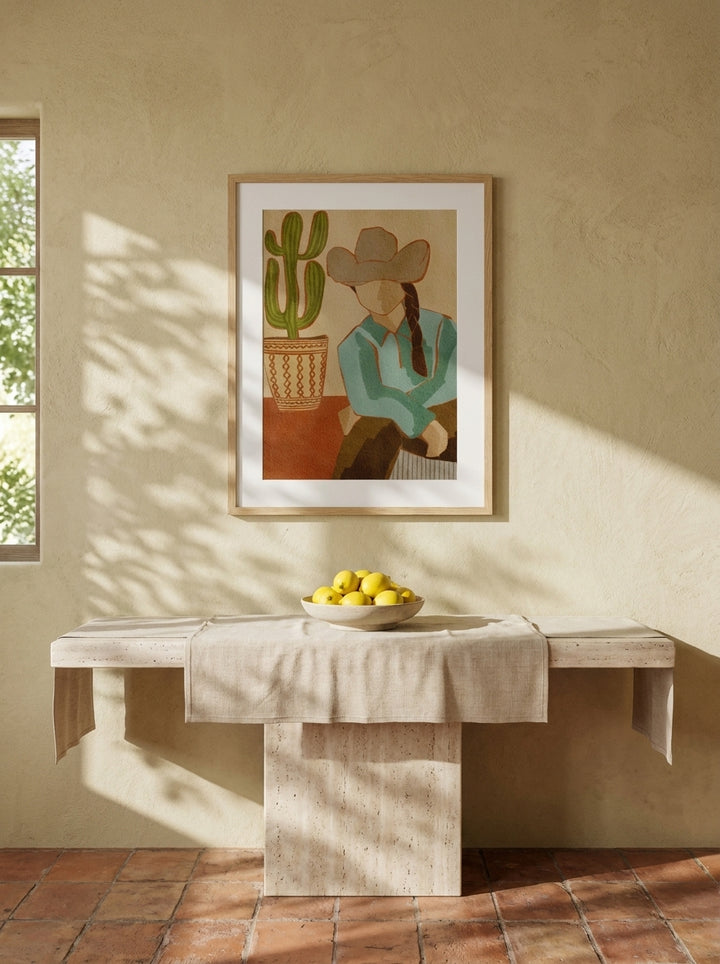 Modern wall art print styled on the wall in a Mediterranean living room