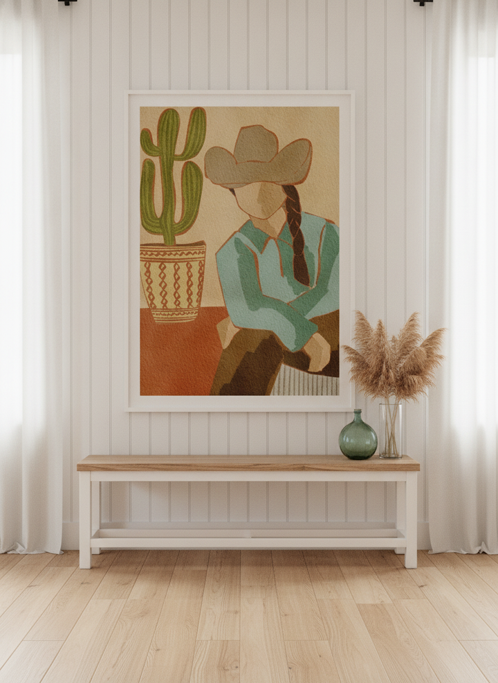 Oversized statement modern wall art print styled on the wall in a coastal living room