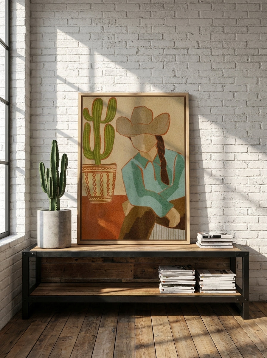 Canvas wall art with a natural timber surround standing on a console in an industrial loft home office