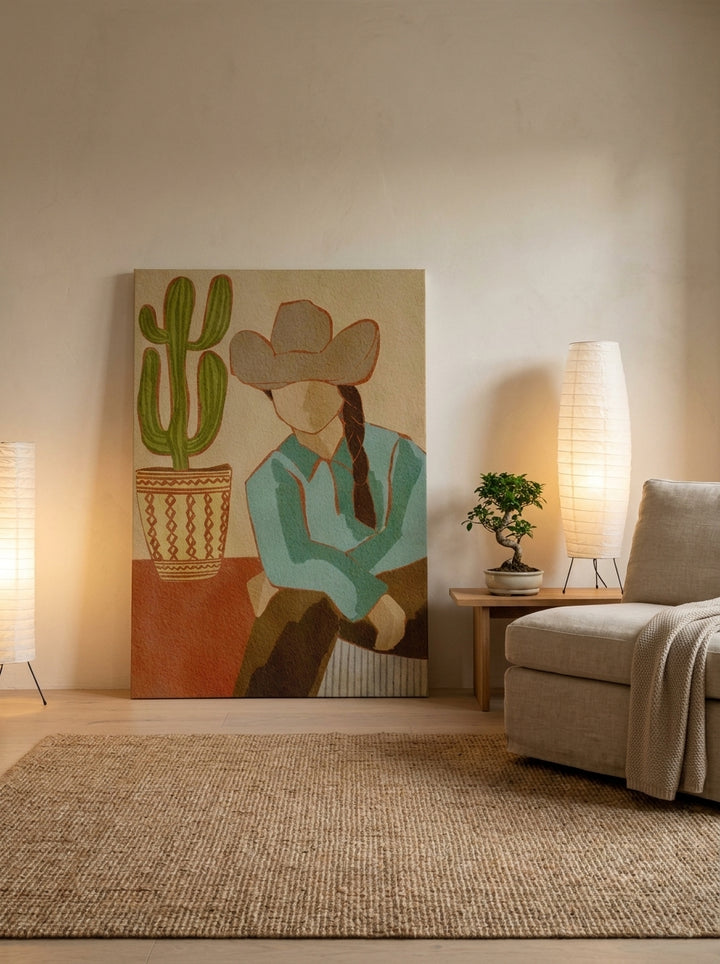 Stretched canvas wall art leaning against the wall in a warm Japandi bedroom