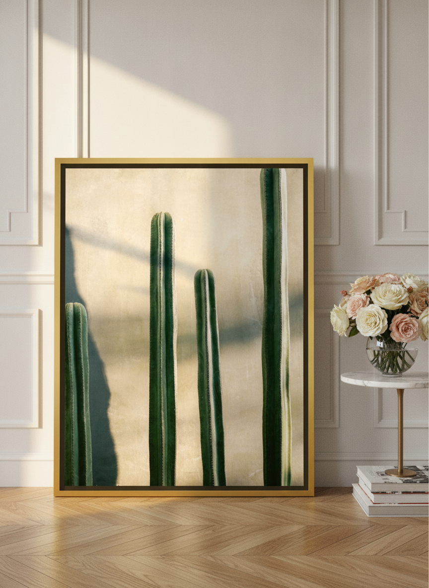 Oversized statement canvas wall art with a gold leaf surround leaning against the wall in a Parisian home office