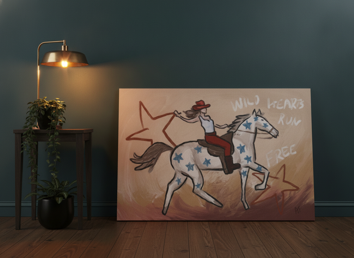 Stretched canvas wall art leaning against the wall in a moody bedroom