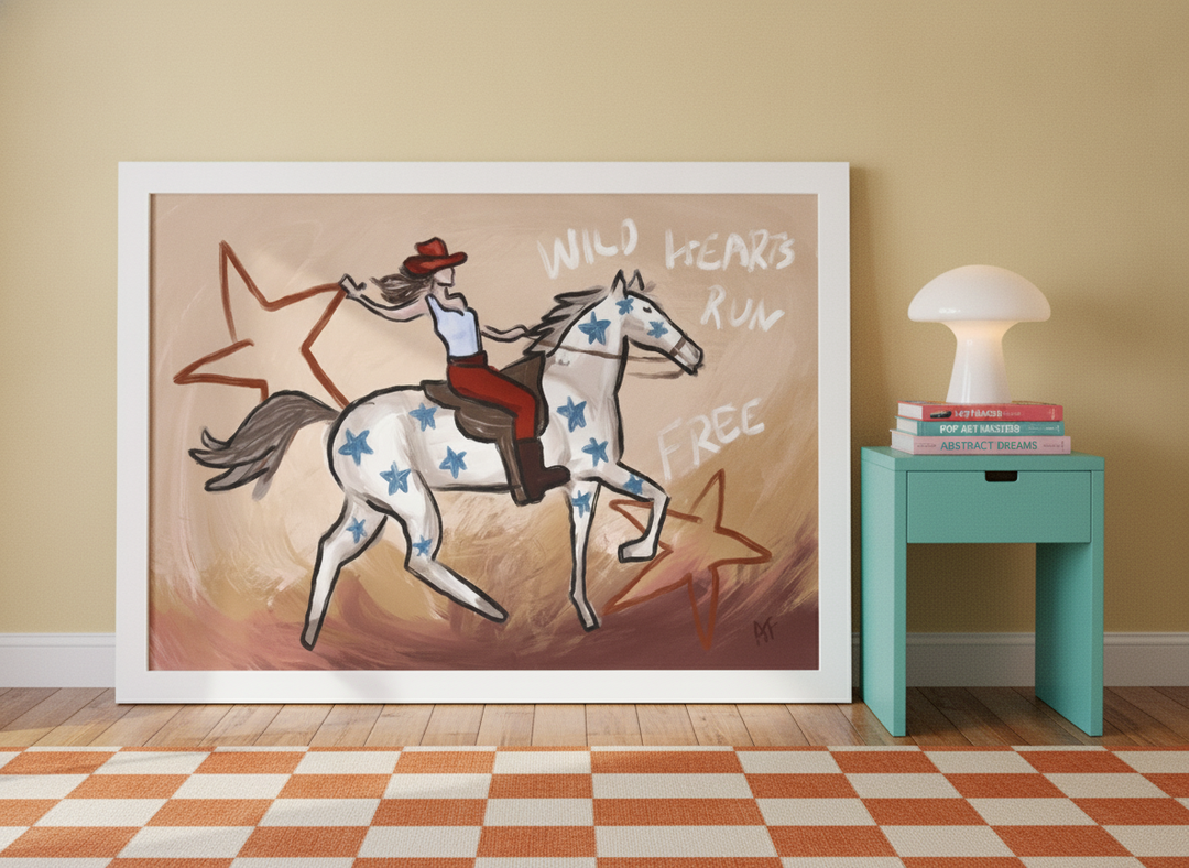 Modern wall art print standing on a side table in a colourful eclectic bedroom