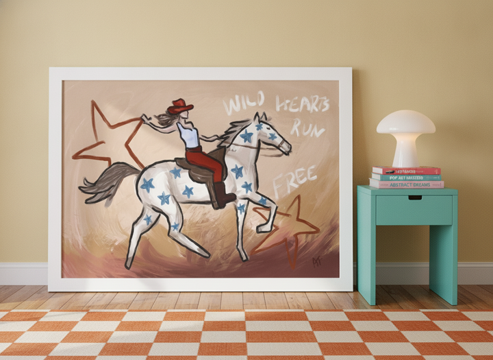 Modern wall art print standing on a side table in a colourful eclectic bedroom