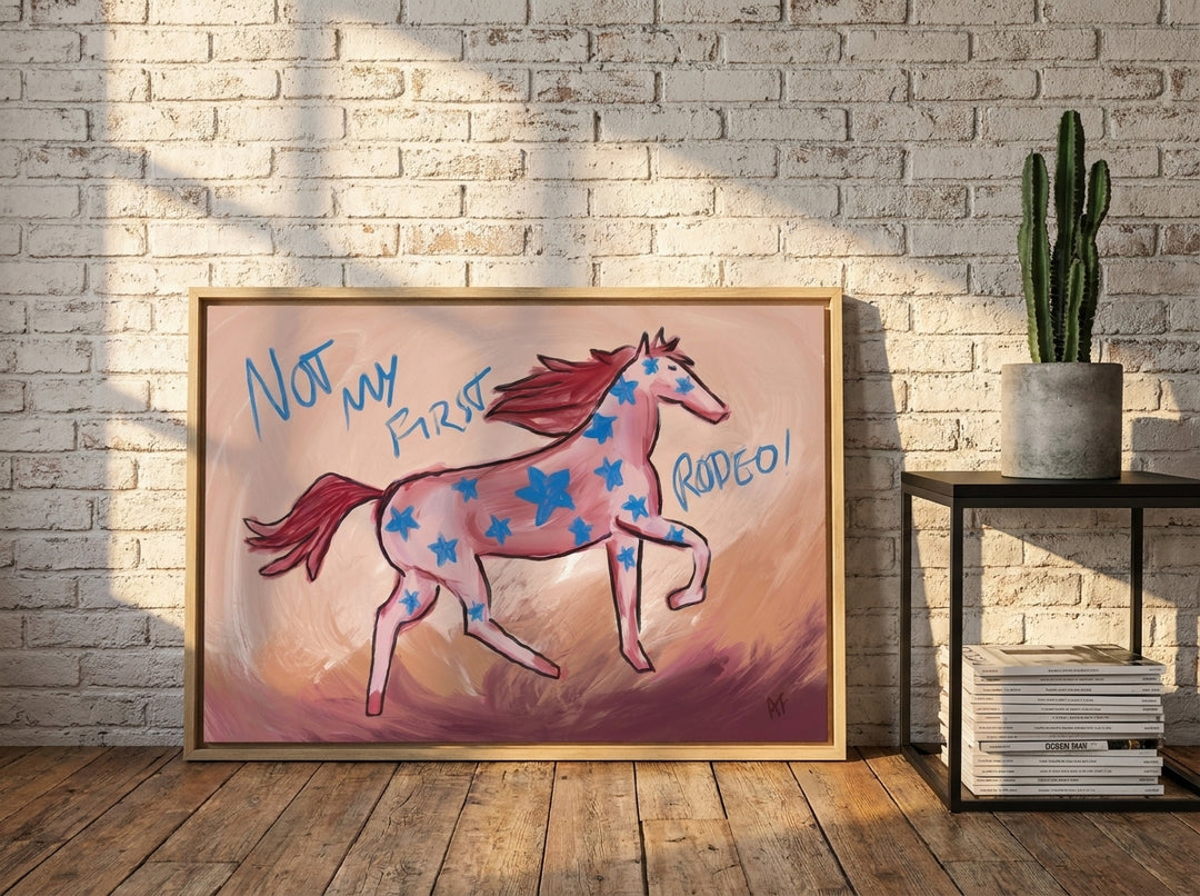 Canvas wall art with a natural timber surround leaning against the wall in an industrial loft bedroom