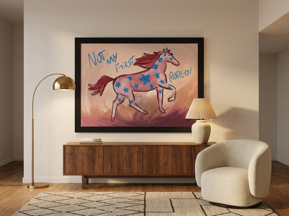 Oversized statement modern wall art print styled on the wall in a mid-century living room