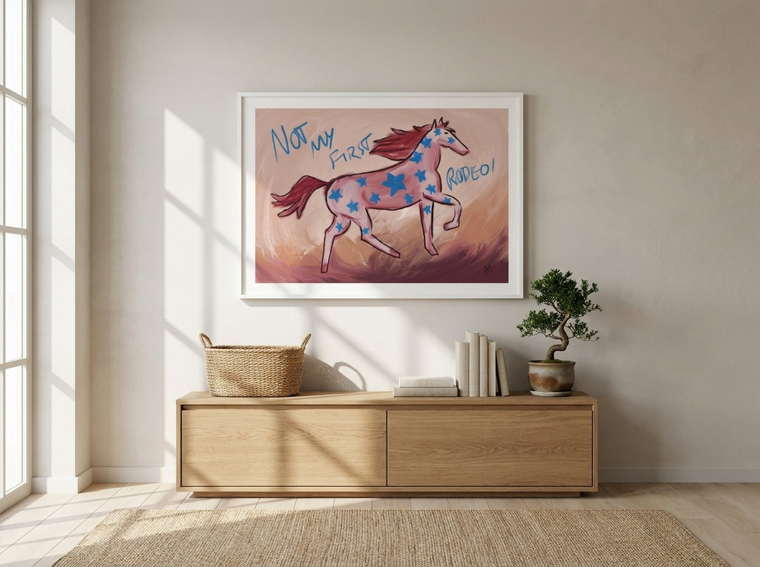 Modern wall art print styled on the wall in a warm Japandi nursery
