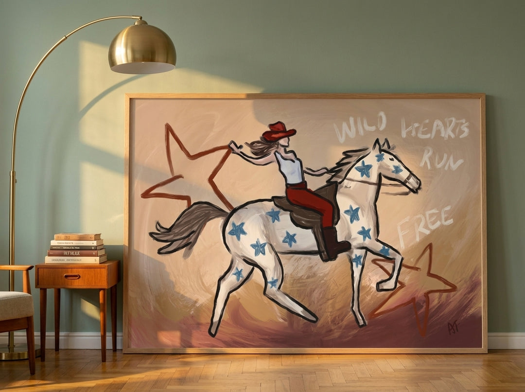 Oversized statement modern wall art print leaning against the wall in a mid-century home office