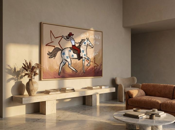 Oversized statement canvas wall art with a natural timber surround styled on the wall in a luxe living room