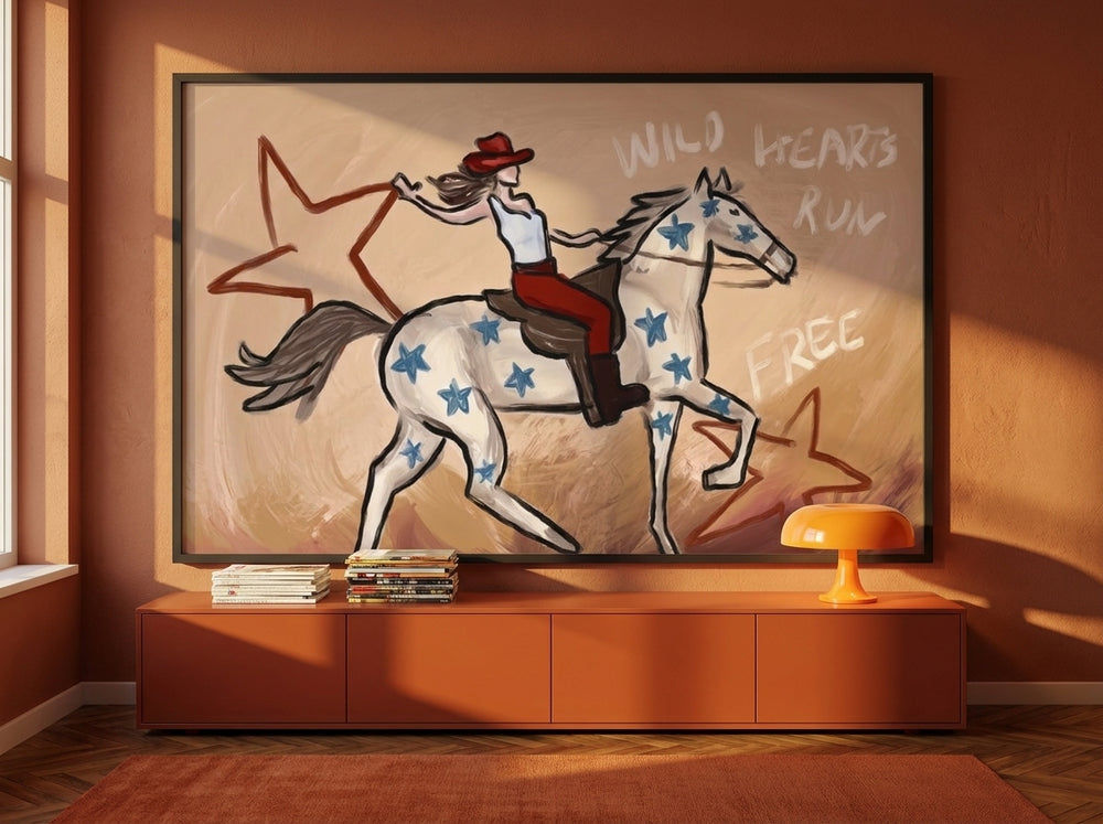 Oversized statement modern wall art print styled on the wall in a retro 70s living room