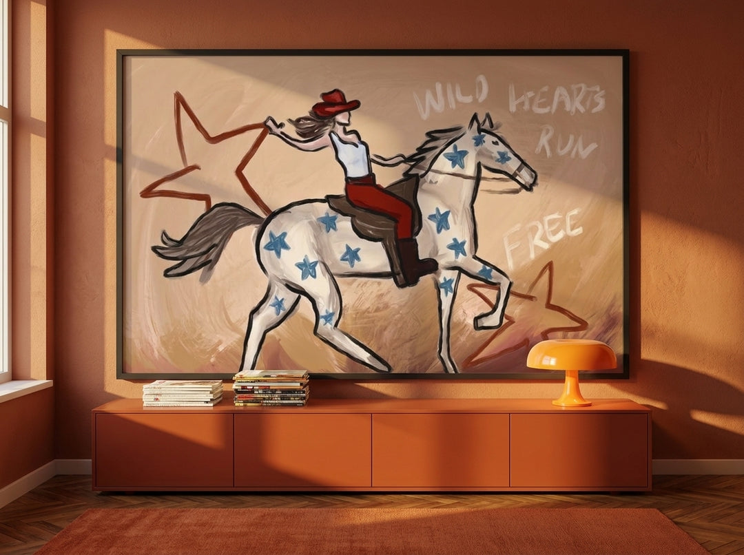 Oversized statement modern wall art print styled on the wall in a retro 70s living room
