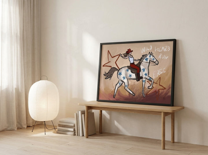 Modern wall art print standing on a bench in a warm Japandi nursery