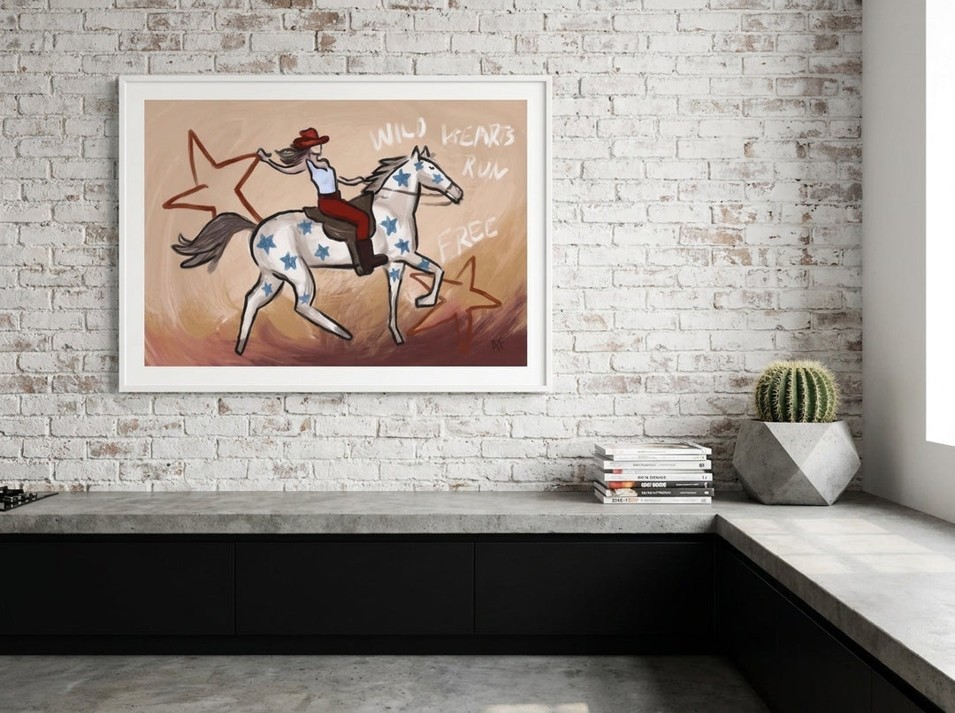 Modern wall art print styled on the wall in an industrial loft kitchen