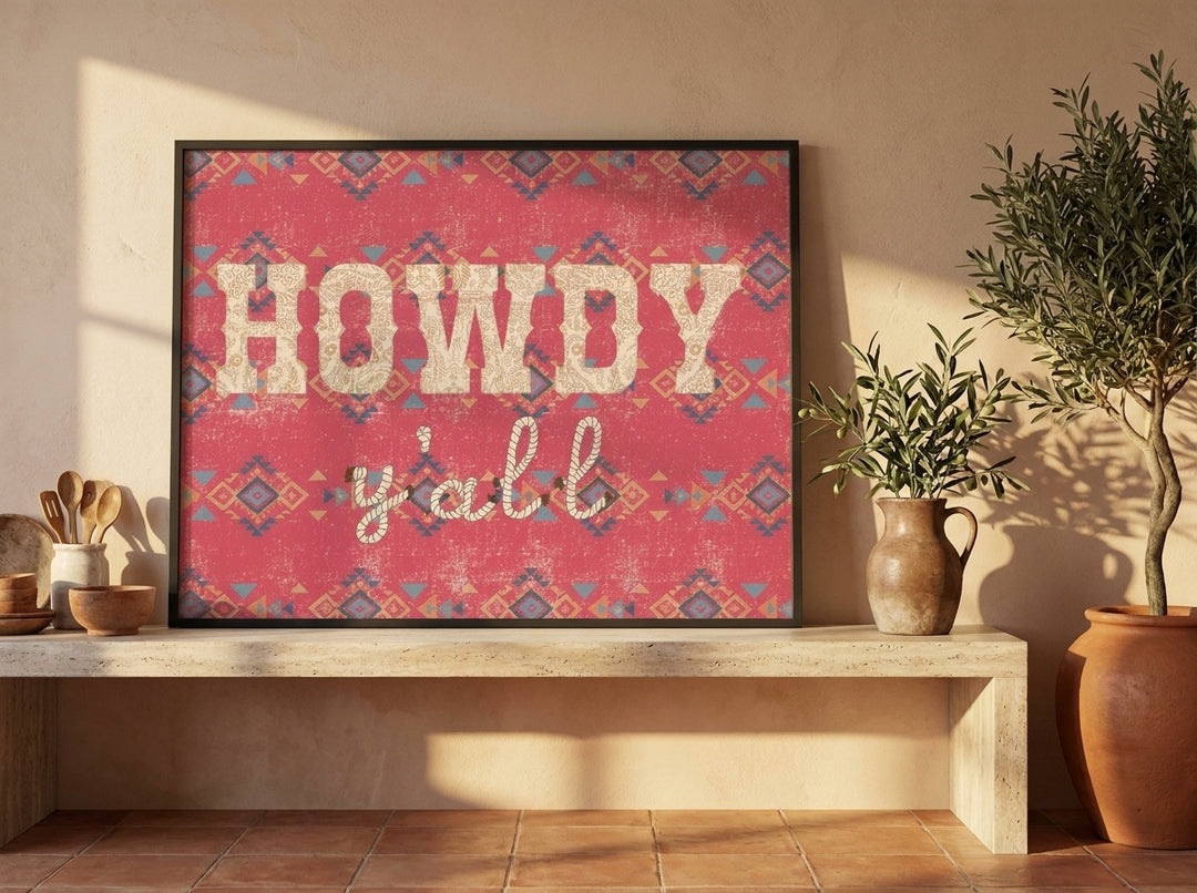 Modern wall art print standing on a kitchen bench in a Mediterranean kitchen