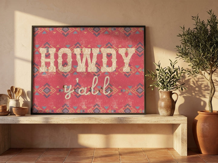 Modern wall art print standing on a kitchen bench in a Mediterranean kitchen