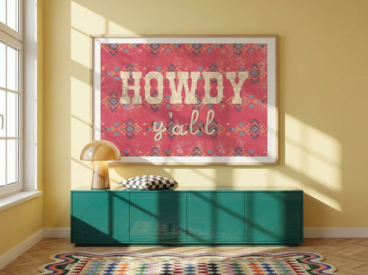 Modern wall art print styled on the wall in a colourful eclectic living room