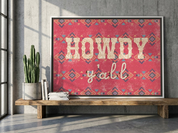 Canvas wall art with a white surround standing on a bench in an industrial loft bedroom