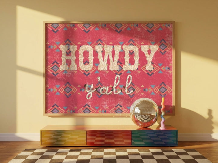 Modern wall art print styled on the wall in a colourful eclectic living room