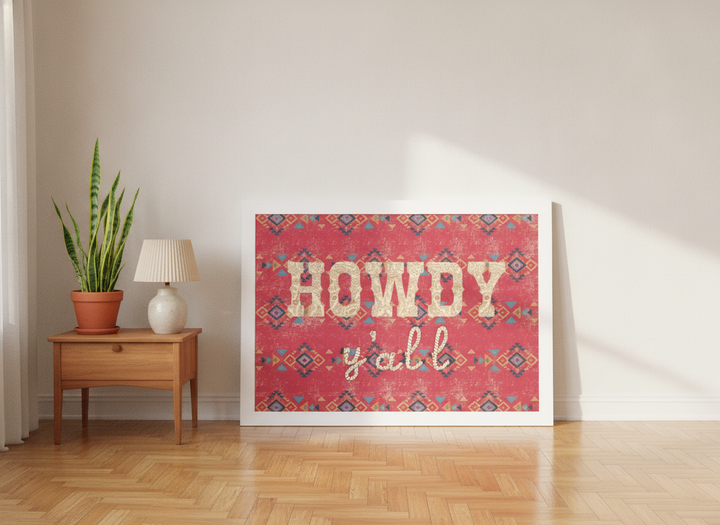 Oversized statement modern wall art print leaning against the wall in a mid-century living room