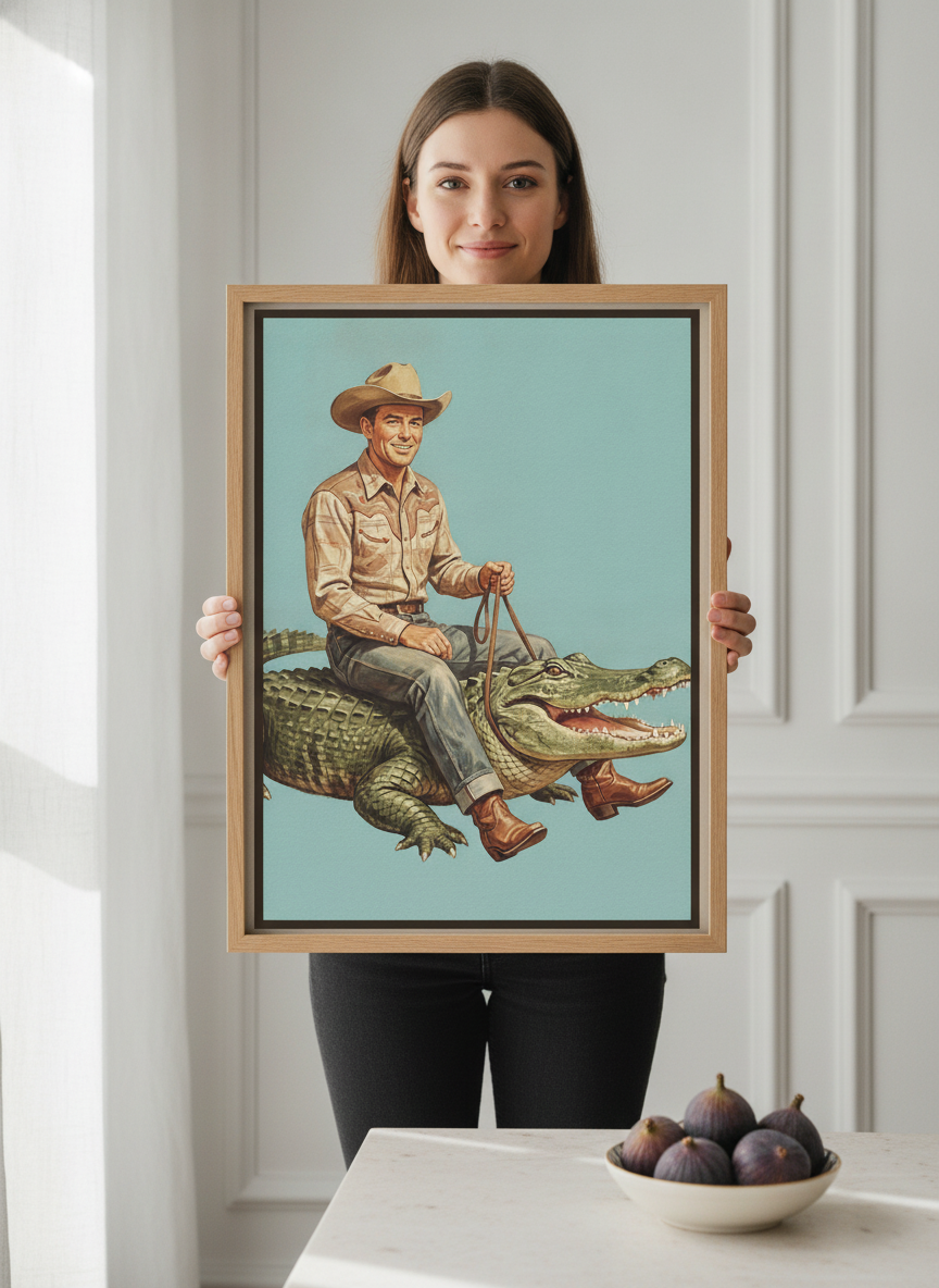 Person holding canvas wall art with a natural timber surround in a Parisian living room