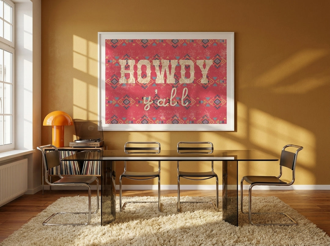 Oversized statement modern wall art print styled on the wall in a retro 70s dining room