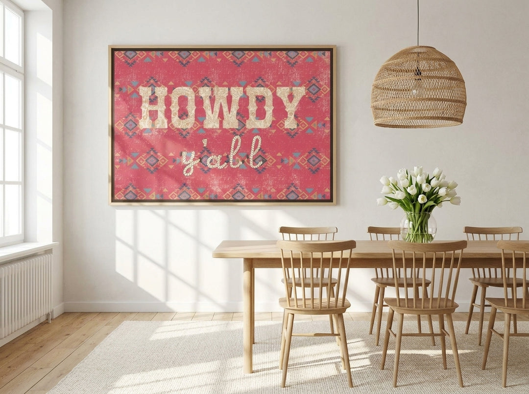 Oversized statement canvas wall art with a natural timber surround styled on the wall in a bright Scandinavian dining room