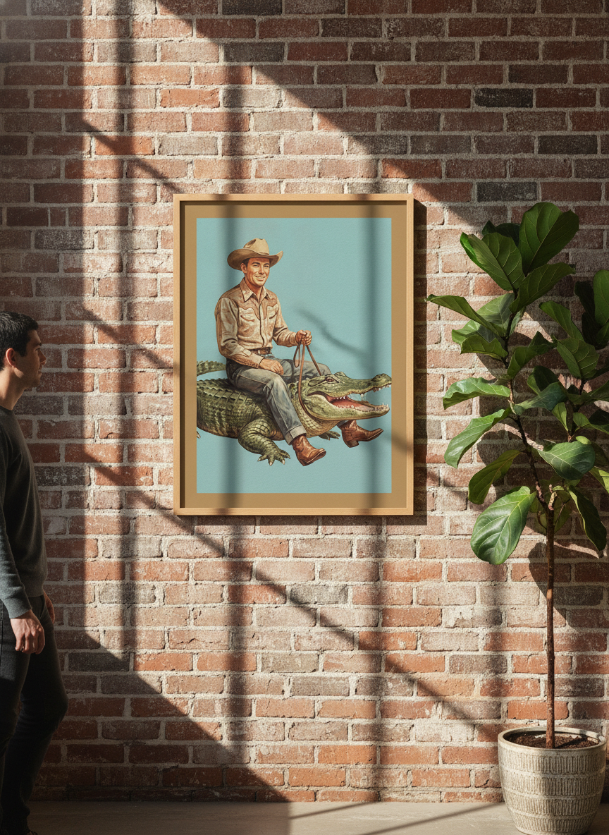 Person holding modern wall art print in an industrial loft living room