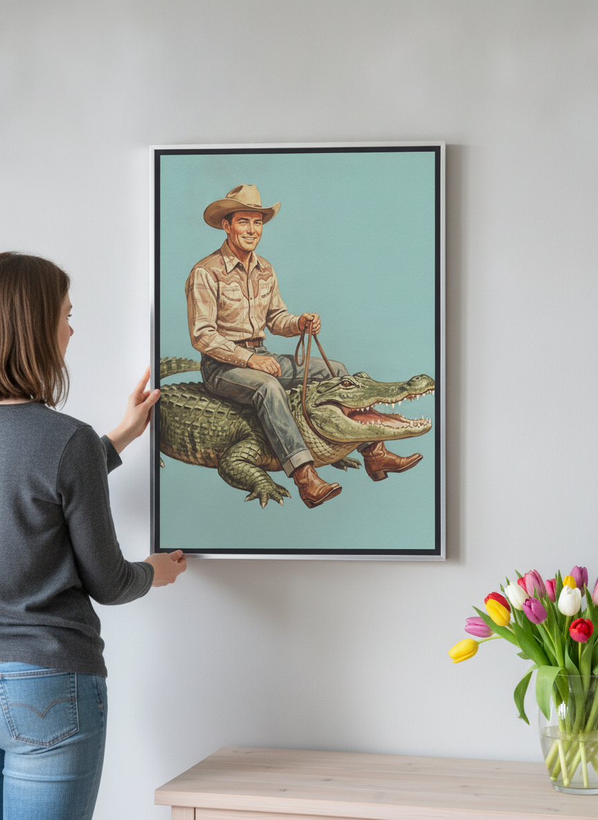 Person holding canvas wall art with a silver leaf surround in a bright Scandinavian living room