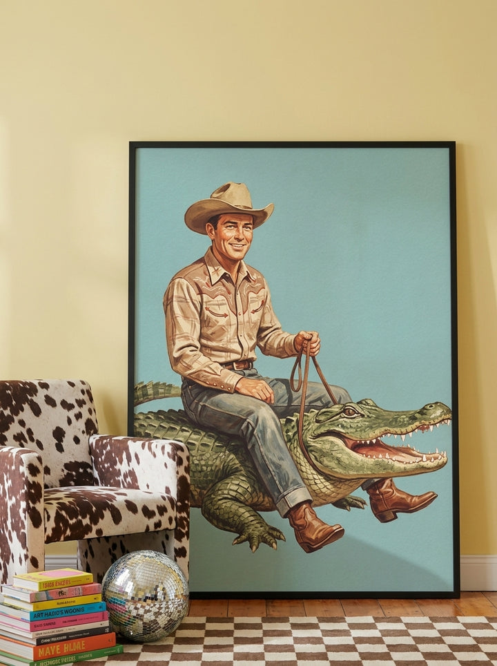 Oversized statement modern wall art print leaning against the wall in a colourful eclectic dining room