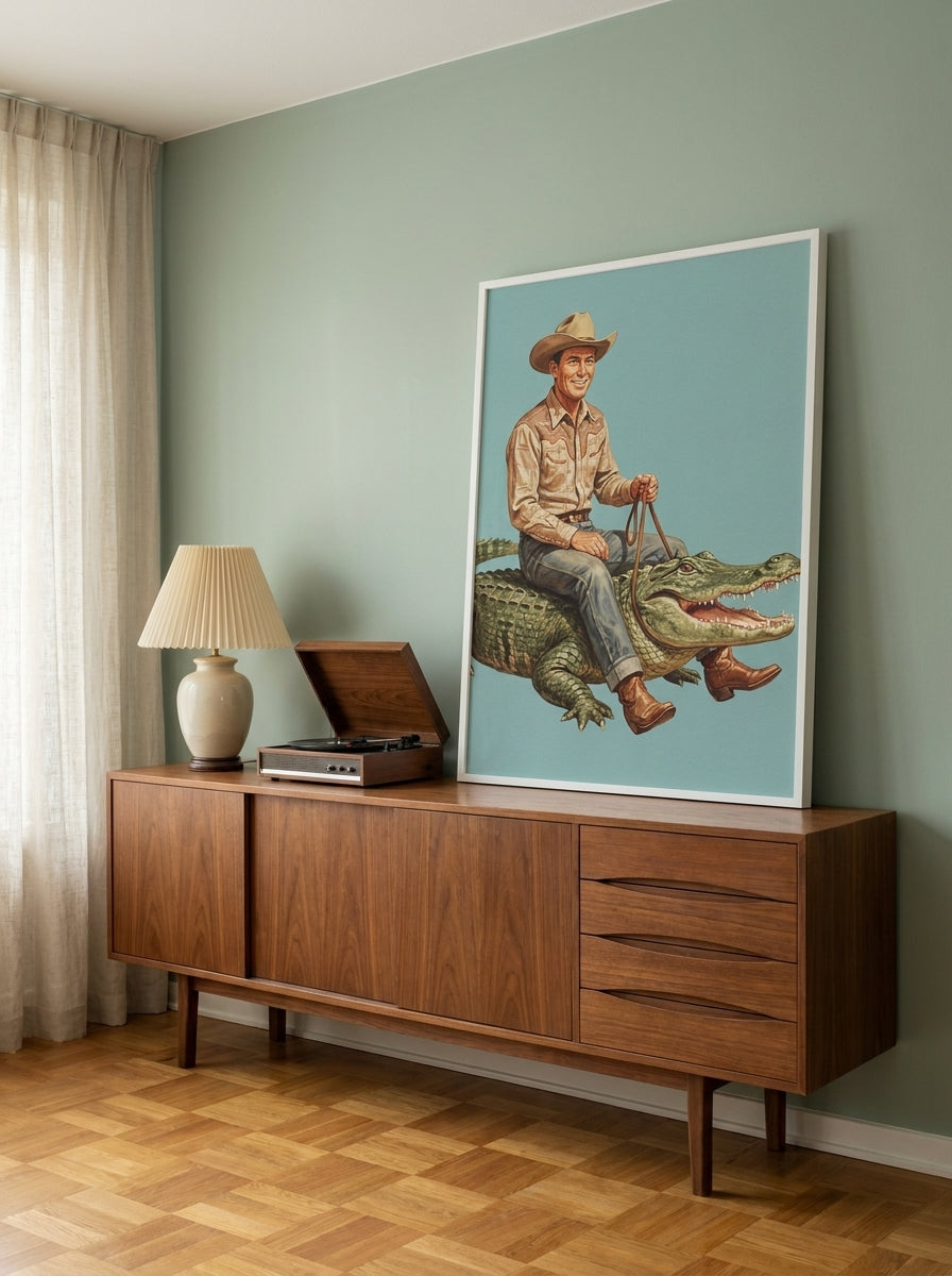 Modern wall art print standing on a sideboard in a mid-century home office